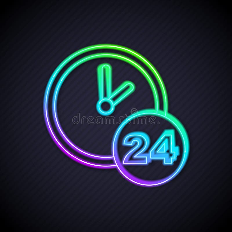 Glowing neon line Clock 24 hours icon isolated on black background. All day cyclic icon. 24 hours service symbol. Vector