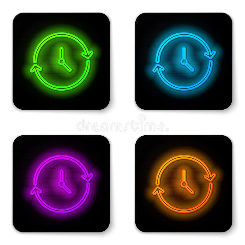 Glowing neon line Clock icon isolated on white background. Time symbol. Black square button. Vector royalty free illustration