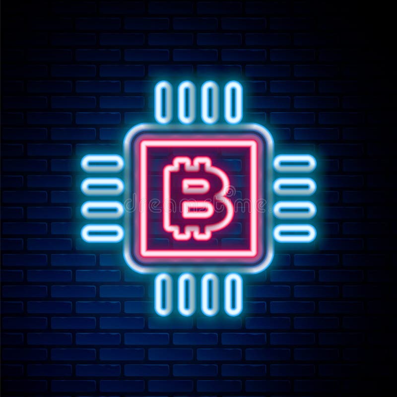 Glowing neon line CPU mining farm icon isolated on brick wall background. Bitcoin sign inside microchip. Cryptocurrency stock illustration