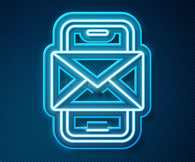 Glowing neon line Mobile and envelope, new message, mail icon isolated on blue background. Usage for e-mail newsletters vector illustration