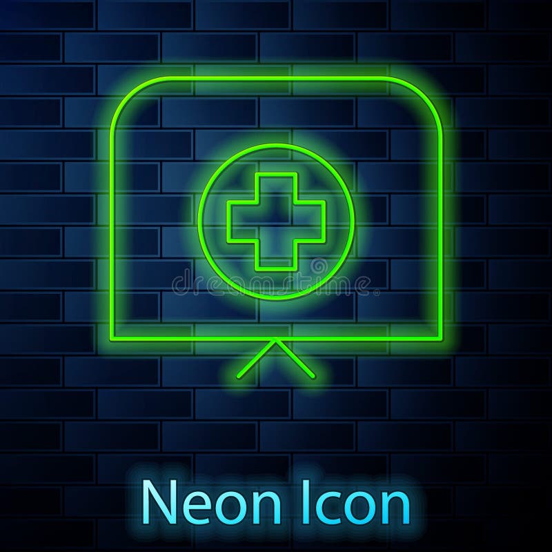 Glowing neon line Nurse hat with cross icon isolated on brick wall background. Medical nurse cap sign. Vector vector illustration