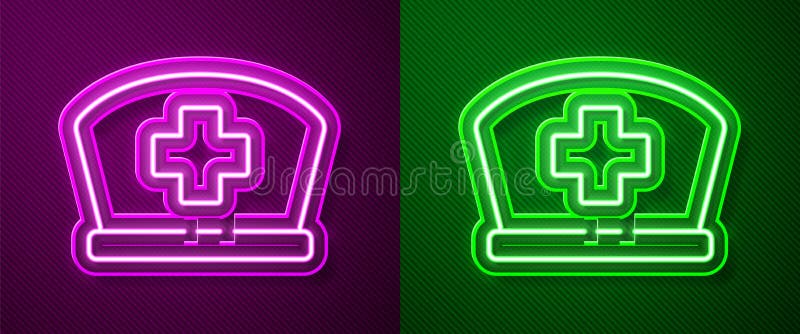 Glowing neon line Nurse hat with cross icon isolated on purple and green background. Medical nurse cap sign. Vector royalty free illustration
