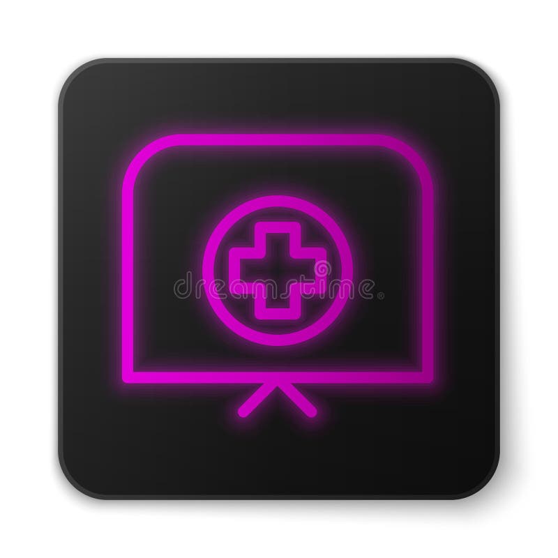Glowing neon line Nurse hat with cross icon isolated on white background. Medical nurse cap sign. Black square button royalty free illustration