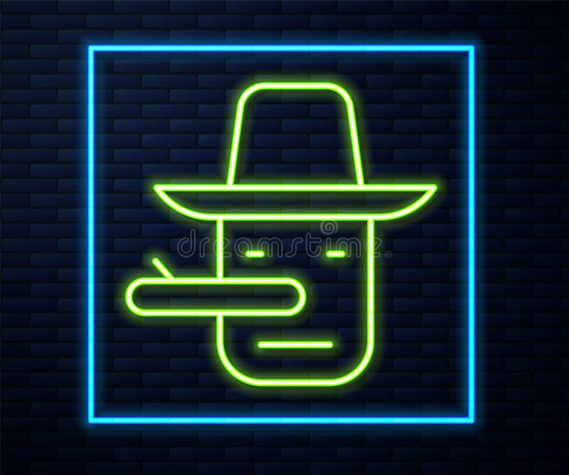 Glowing neon line Pinocchio icon isolated on brick wall background. Vector