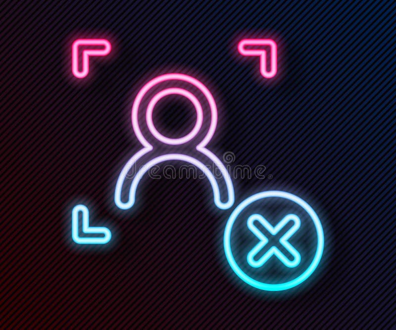 Glowing neon line Rejection face recognition icon isolated on black background. Face identification scanner icon. Facial stock illustration