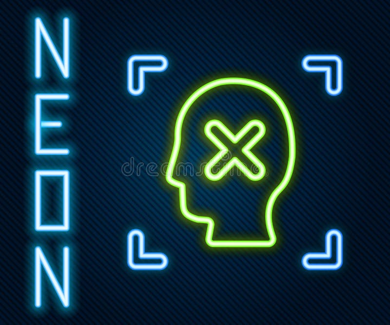 Glowing neon line Rejection face recognition icon isolated on black background. Face identification scanner icon. Facial vector illustration