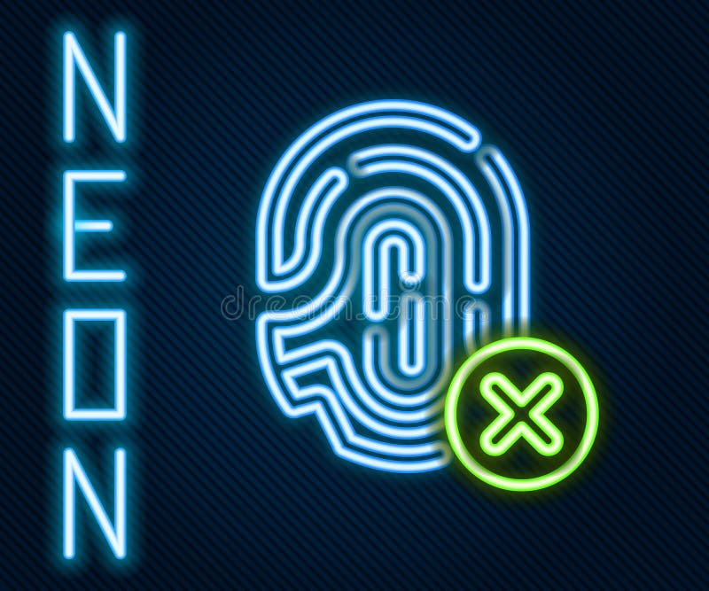Glowing neon line Rejection fingerprint icon isolated on black background. Access denied for user concept. Error, fraud royalty free illustration