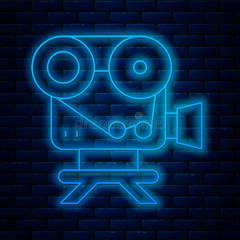 Glowing neon line Retro cinema camera icon isolated on brick wall background. Video camera. Movie sign. Film projector. Vector.