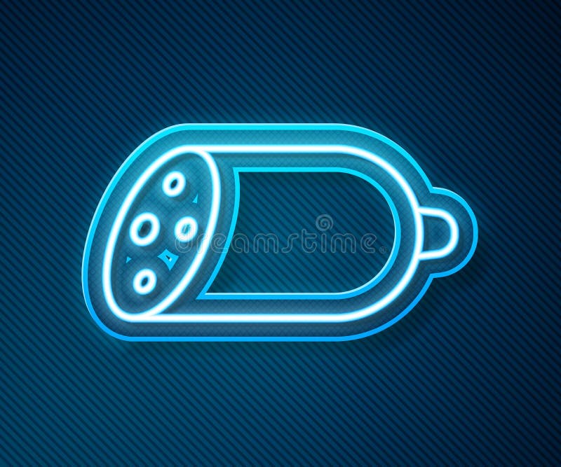 Glowing neon line Salami sausage icon isolated on blue background. Meat delicatessen product. Vector.