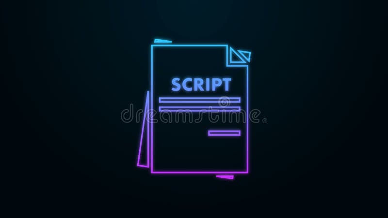 Glowing neon line Scenario icon isolated on black background. Script reading concept for art project, films, theaters