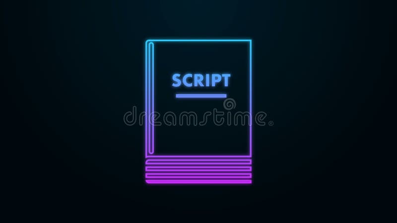 Glowing neon line Scenario icon isolated on black background. Script reading concept for art project, films, theaters