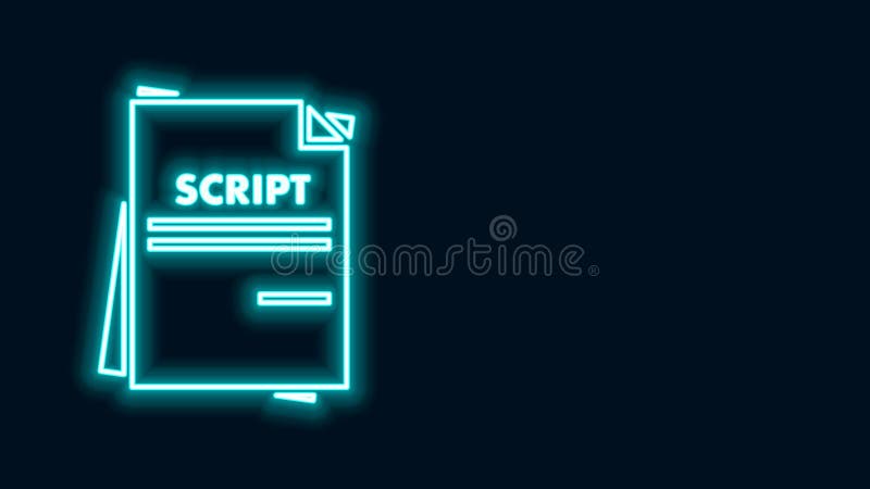 Glowing neon line Scenario icon isolated on black background. Script reading concept for art project, films, theaters