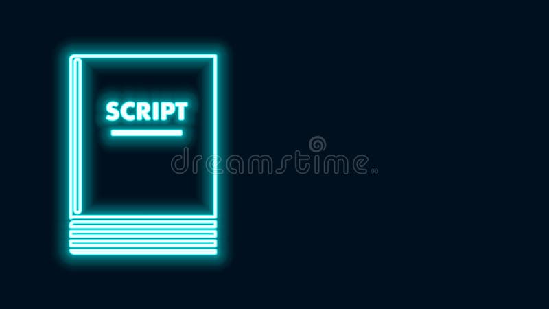 Glowing neon line Scenario icon isolated on black background. Script reading concept for art project, films, theaters