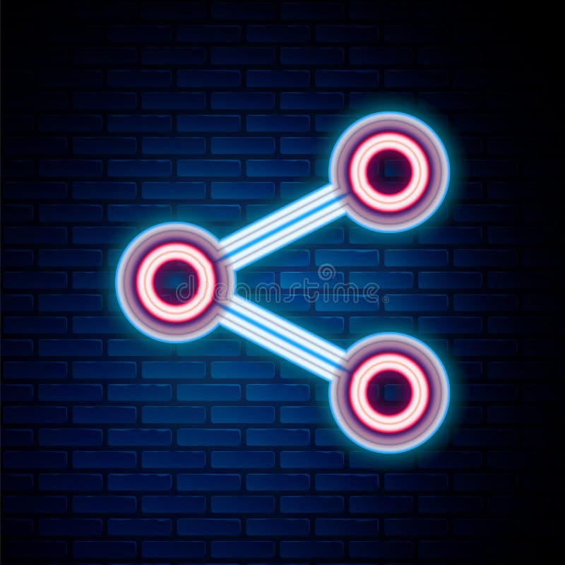 Glowing neon line Share icon isolated on brick wall background. Share, sharing, communication pictogram, social media royalty free illustration