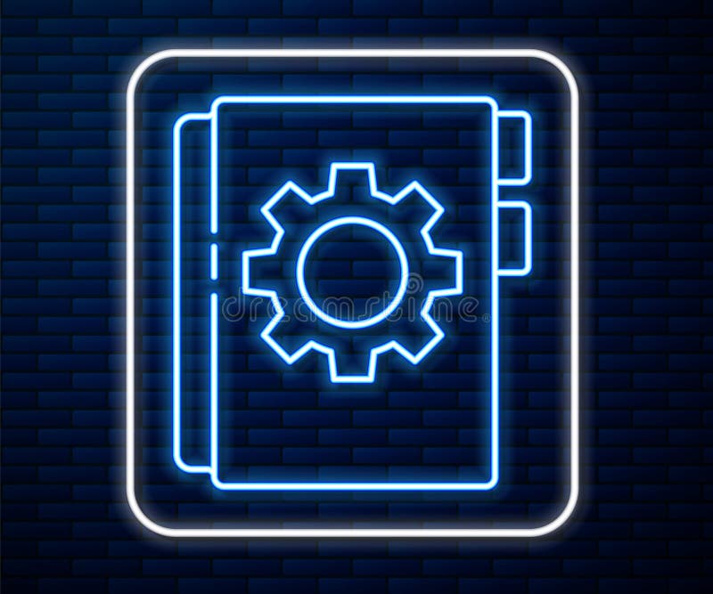 Glowing neon line User manual icon isolated on brick wall background. User guide book. Instruction sign. Read before use vector illustration
