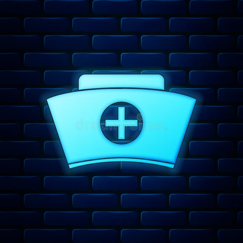 Glowing neon Nurse hat with cross icon isolated on brick wall background. Medical nurse cap sign vector illustration