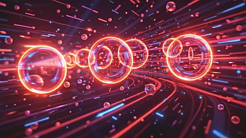 Glowing neon orbs traversing through abstract space, captivating light trails illuminating dark backgrounds, Generative AI royalty free illustration