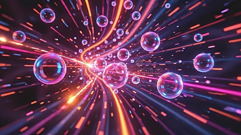 Glowing neon orbs traversing through abstract space, captivating light trails illuminating dark backgrounds, Generative AI stock illustration