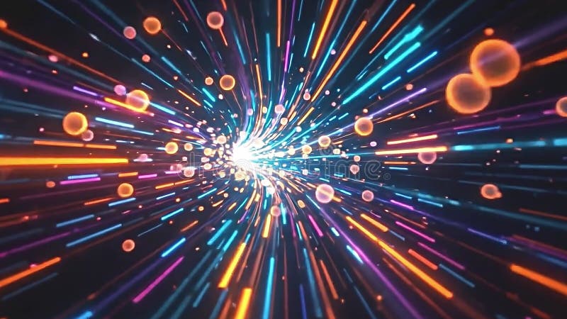 Glowing neon orbs traversing through abstract space, captivating light trails illuminating dark backgrounds, Generative AI royalty free illustration