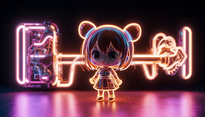 Glowing Neon Pixel Art Anime Girl Weightlift Barbell royaltyfri illustrationer