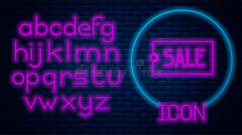 Glowing neon Price tag with an inscription Sale icon isolated on brick wall background. Badge for price. Promo tag discount. Neon. Light alphabet. Vector royalty free illustration Glowing neon Price tag with an inscription Sale icon isolated on brick wall background. Badge for price. Promo tag discount. Neon. Light alphabet. Vector royalty free illustration