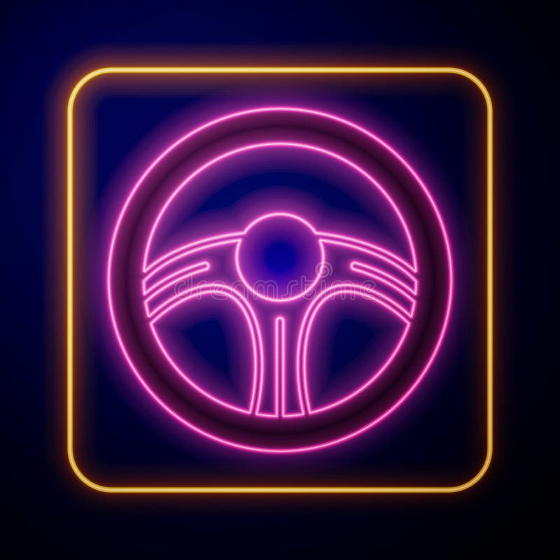 Glowing Neon Racing Steering Wheel Icon Isolated on Black Background