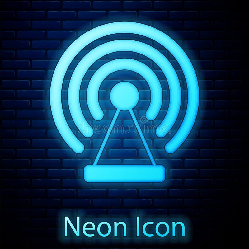 Glowing neon Radar icon isolated on brick wall background. Search system. Satellite sign. Vector