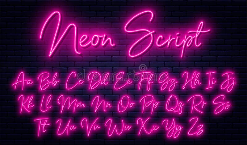 Glowing neon script alphabet. Neon font with uppercase and lowercase letters. Handwritten english alphabet