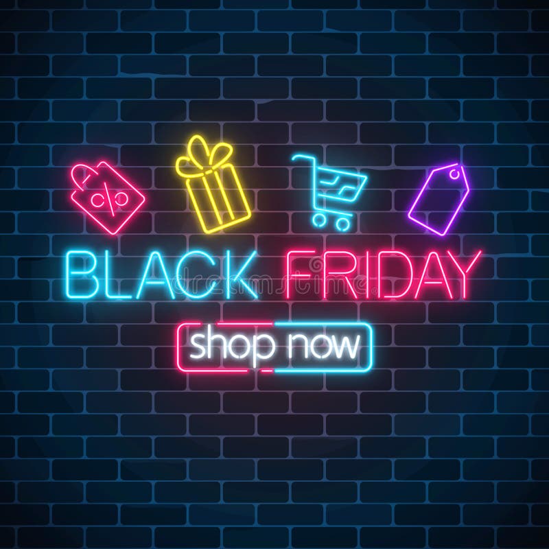 Glowing neon sign of black friday sale with shopping symbols. Seasonal sale web banner. Black friday light signboard. vector illustration Glowing neon sign of black friday sale with shopping symbols. Seasonal sale web banner. Black friday light signboard. vector illustration