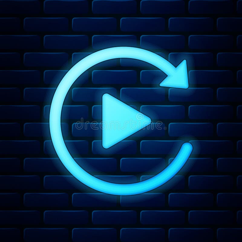 Glowing neon Video play button like simple replay icon isolated on brick wall background. Vector royalty free illustration