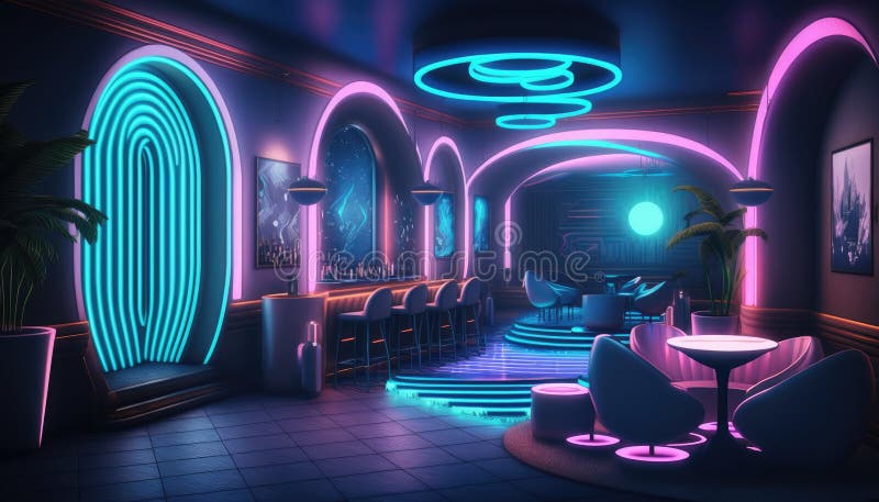 Glowing Neon Waves and Cove Lighting Set the Mood in Nightclub Interior ...