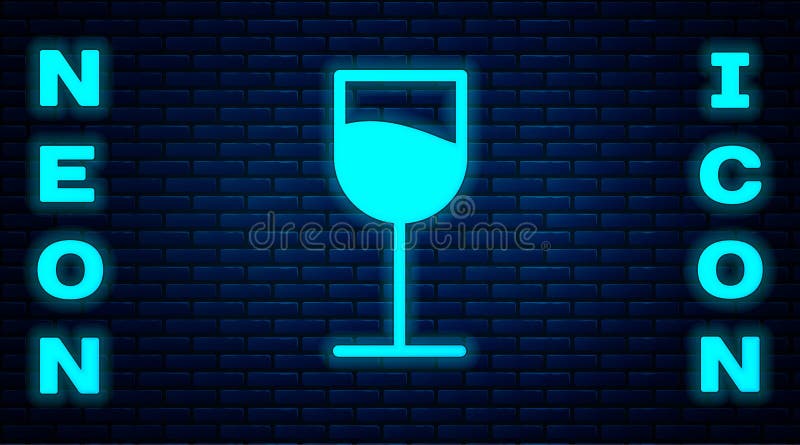 Glowing neon Wine glass icon isolated on brick wall background. Wineglass sign. Vector Illustration