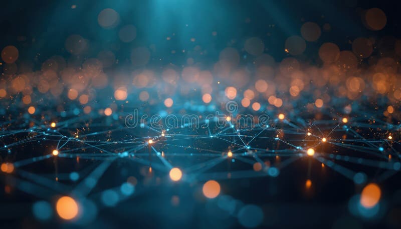 Glowing network connections with bokeh on dark backdrop. Digital datum communication, abstract futuristic science design. Global vector illustration