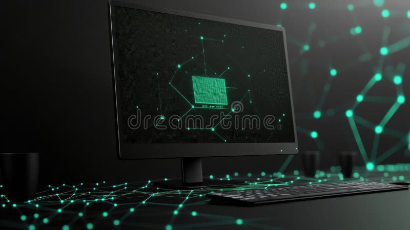 A glowing network grid forms the backdrop for a simple monitor icon, representing the essence of digital connectivity stock images