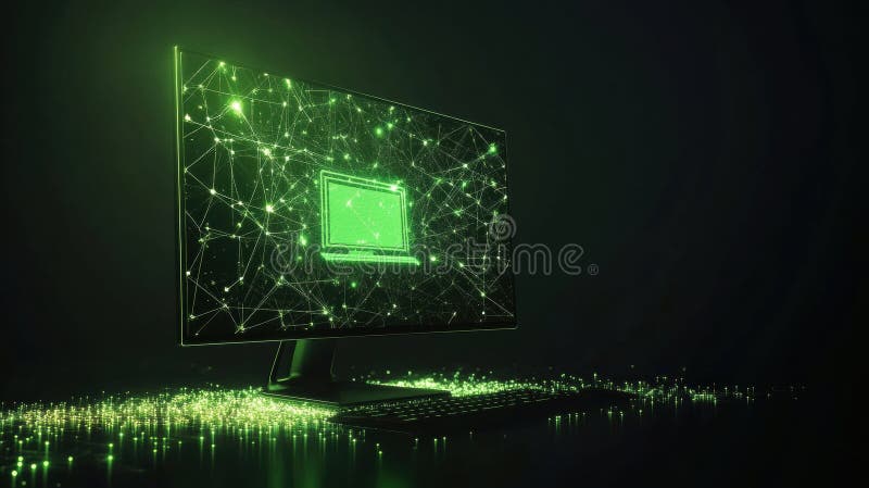 A glowing network grid in green surrounds a computer icon, representing digital connectivity and support in a virtual royalty free stock image