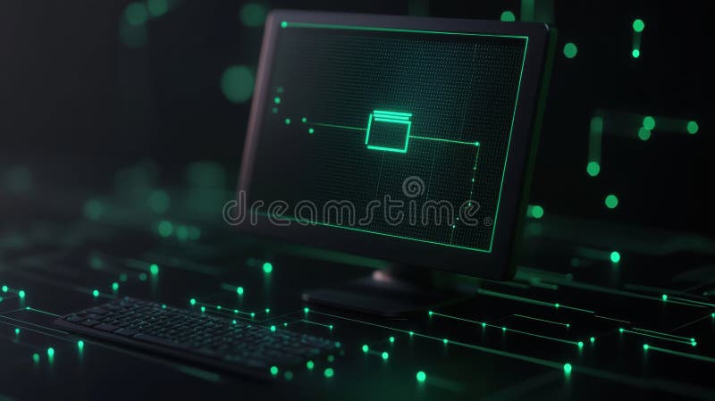 A glowing network grid surrounds a simple monitor icon, representing digital support and enhancing connectivity in a royalty free stock photography