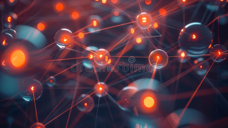 Glowing networks of interconnected spheres in abstract digital art. Concept of technology, communication, data transfer stock photography