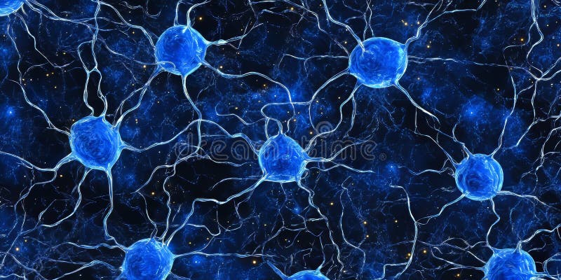 Glowing Neural Network, Abstract Background With Interconnected Neurons, Synapses, And Blue Light stock illustration