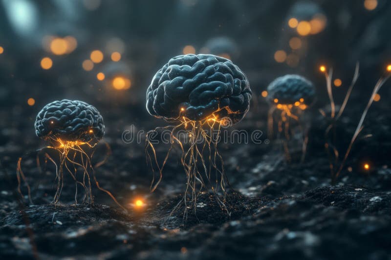Glowing neural network fungi in a mystical forest stock photos