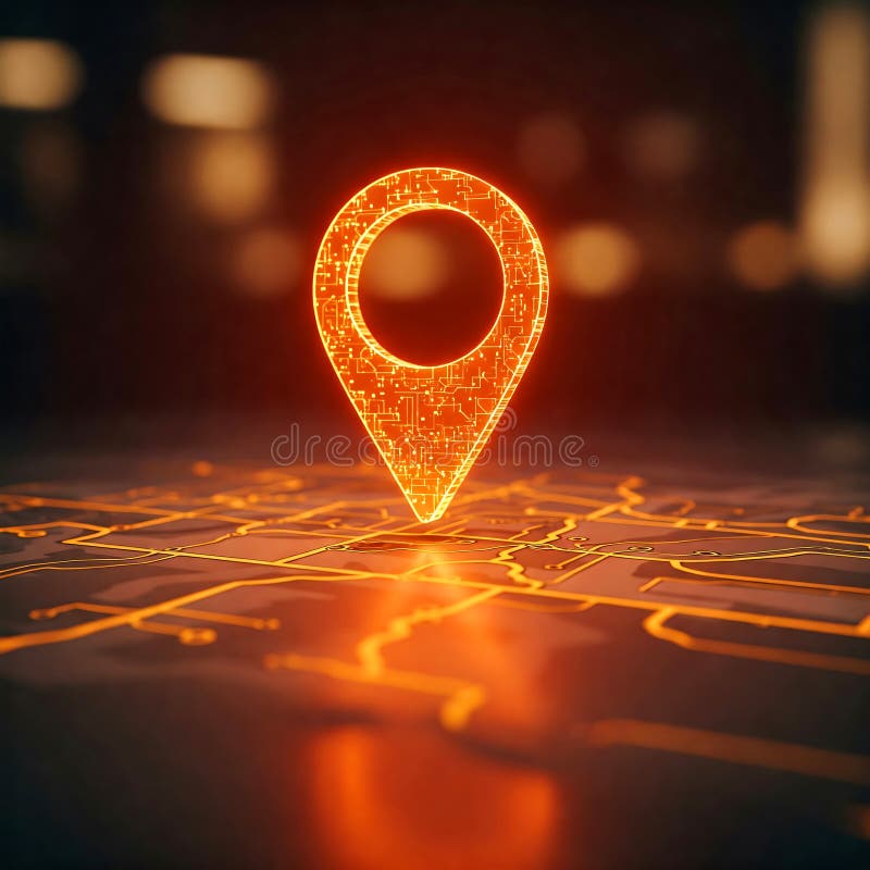 A glowing, orange, circuit-board-style map marker rests precisely on a detailed digital map vector illustration