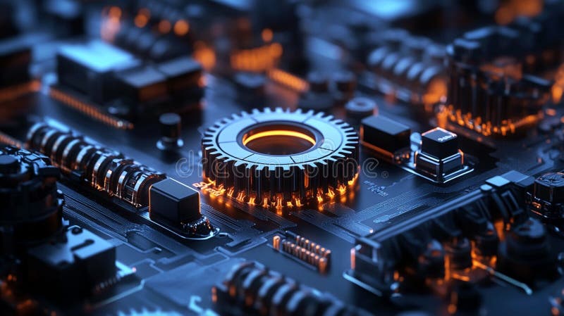 Abstract Technology Gear Circuit Board Digital Art Design Futuristic Background Modern Industrial Glowing royalty free illustration