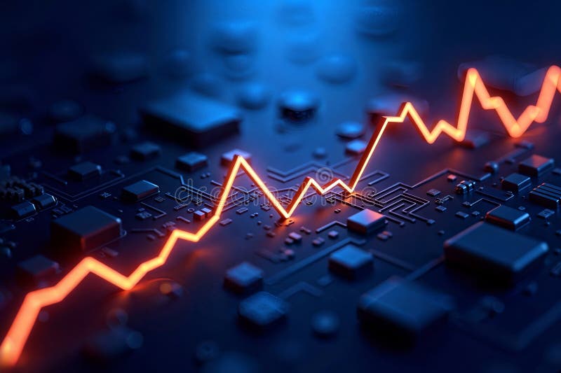 Glowing Orange Graph on Circuit Board Background, generative ai royalty free illustration