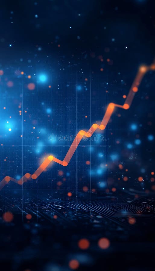 Glowing Orange Growth Chart on Futuristic Blue Circuit Board Background with Data Points vector illustration