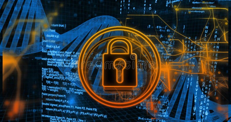 Glowing orange padlock icon protecting digital network, with code waves and network nodes vector illustration