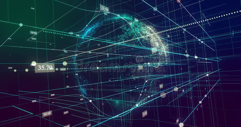 Glowing Particle Globe Rotating With Random Number and Circle Moving Up and Down in Fluid Grid Line System. Concept of Dynamic Bus stock footage