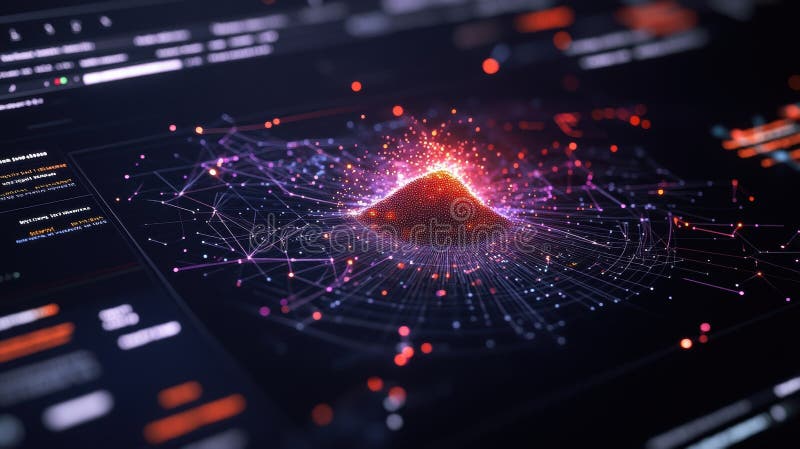 Glowing particle pile emitting light beams on digital display with data logs royalty free stock images