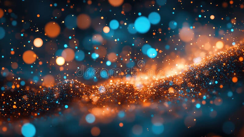 Abstract glowing particles forming wavy dynamic orange blue stream stock illustration