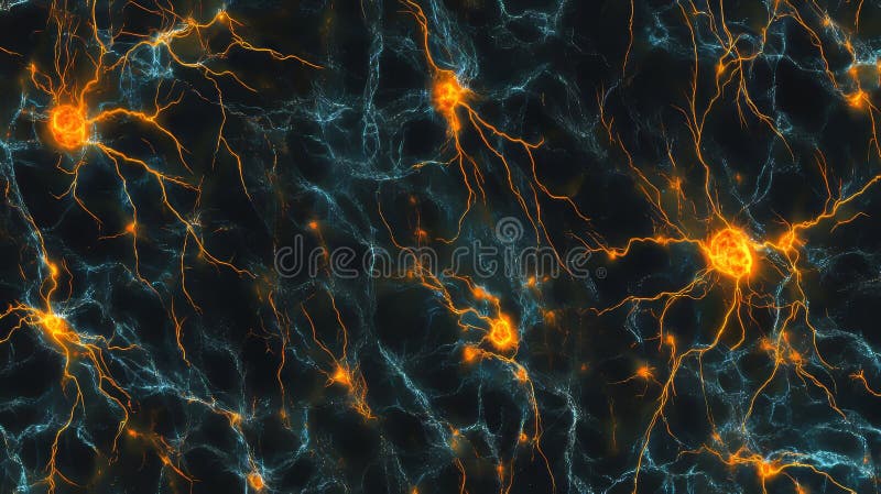 Glowing particles and lines combine to create a vibrant multicolored network stock photo