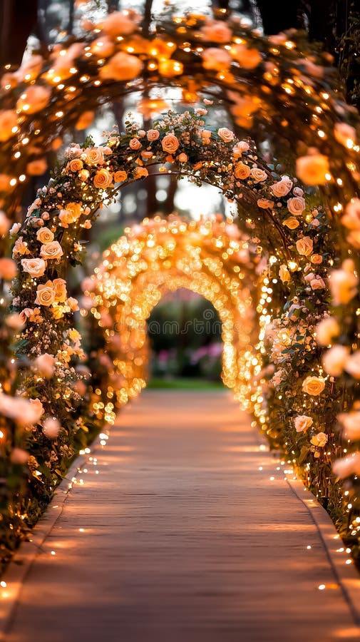 A glowing path of blooming roses weaves through a secret garden, lit by enchanting fairy lights at dusk royalty free stock photo