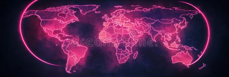 Glowing Pink Watercolor World Map with Neon Circle Global network connection technology communication and international vector illustration